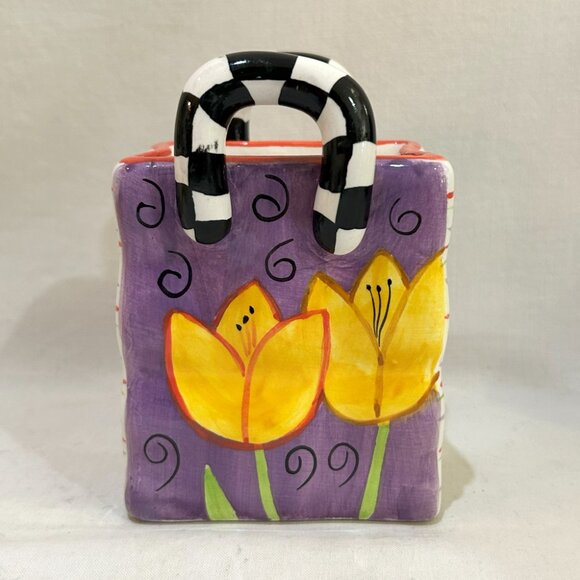 Milson & Louis Ceramic Purse Tote Bag Planter Vase Hand Painted Yellow Tulip - Picture 1 of 9
